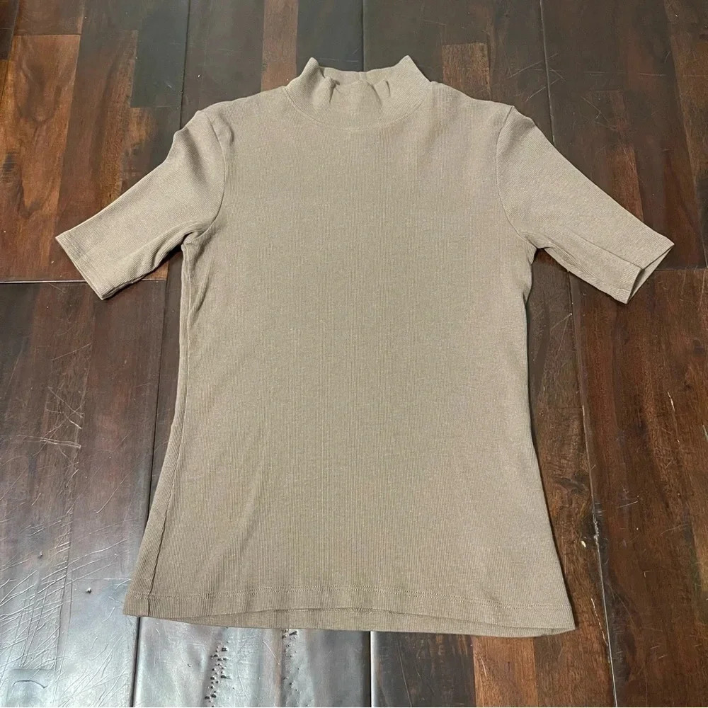 Joie Ribbed Knit Short Sleeve Mock Neck Pima Cotton Top Women’s Size Small Tan